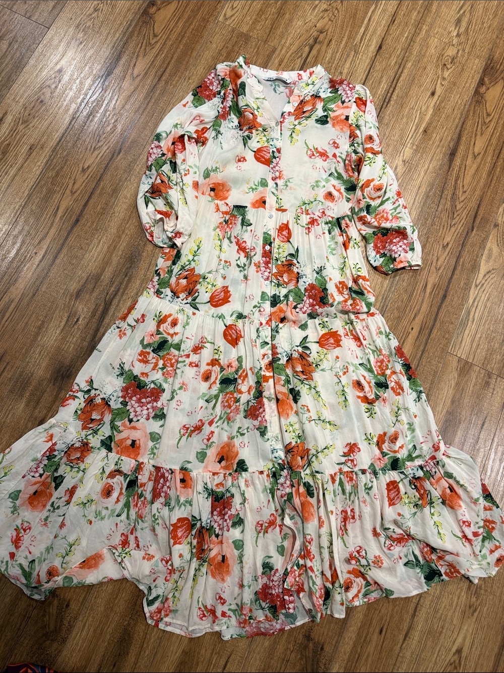 Zara Floral Tiered Maxi Dress in Ivory and pink